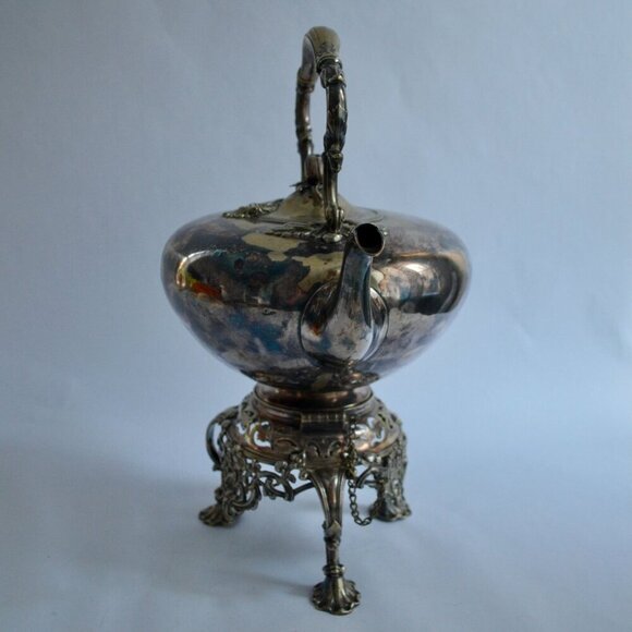 Antique Silver Tilting Tea Kettle with Warmer and Stand - Picture 6 of 16